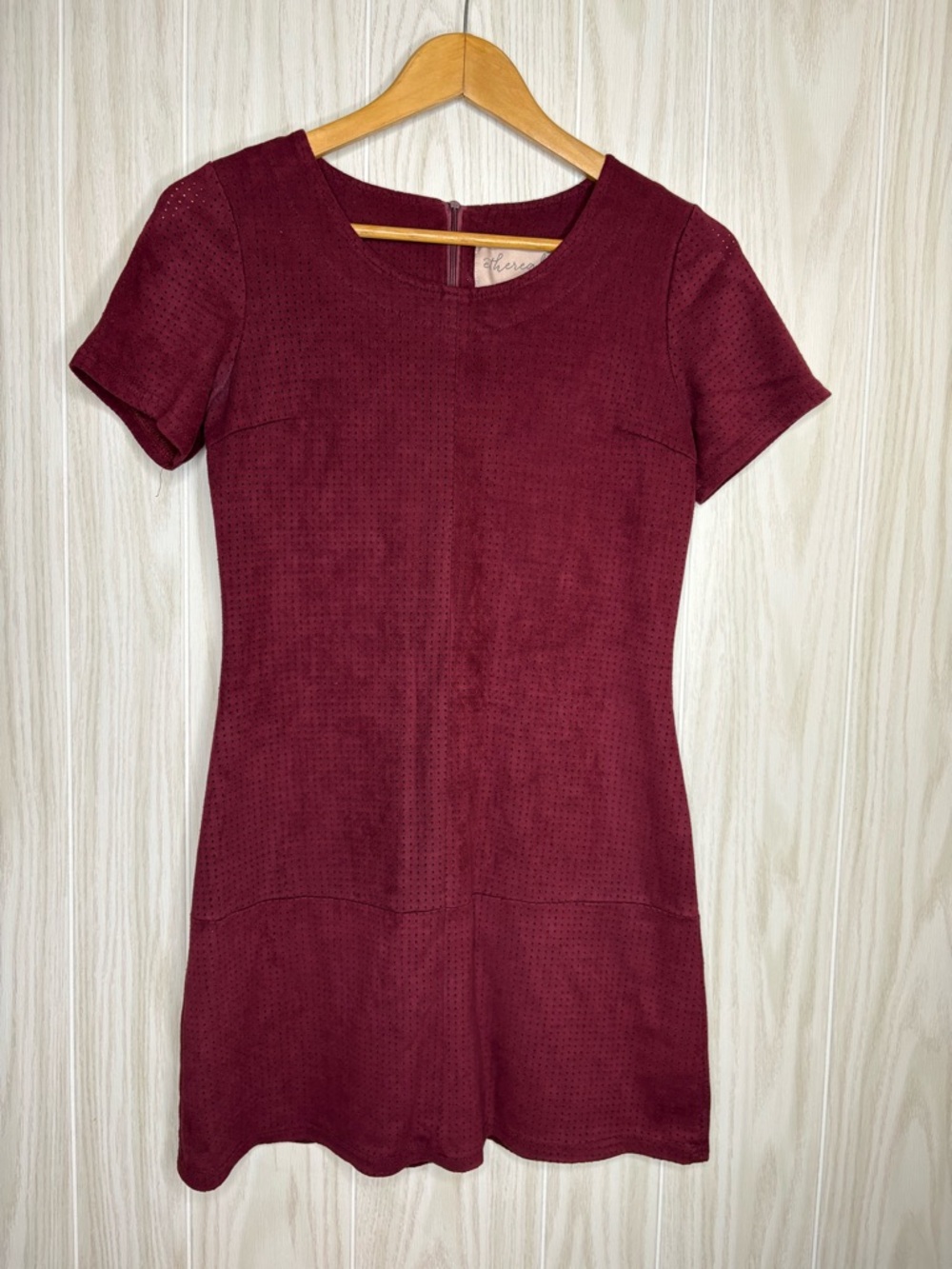 Ethereal Women’s Burgundy Suede Short Sleeve Sheath Dress